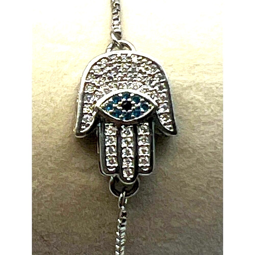 Silver Tone Hamsa Rhinestone Bracelet With Adjustable Chain. A70 - Picture 2 of 6